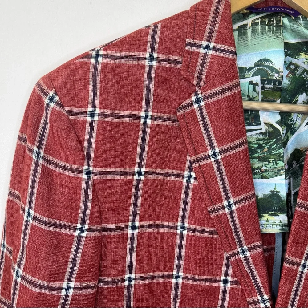 Ted Baker Endurance Linen Windowpane Check Plaid Linen Blazer Red Size 40R - Picture 5 of 13